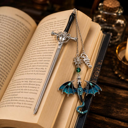 Personalized Name Fantasy Dragon Sword Bookmark | Fourth Wing Gothic Bookmark | Bookish Metal Charm | Birthday Graduation Gift for Readers