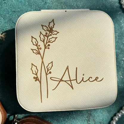 Engraved Birth Flower jewellery Box, Personalized Name Travel Jewelry Box, Bridal Party Gifts, Bridesmaid Gifts, Christmas Jewelry box case