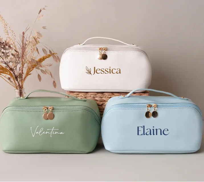 Personalized Embroidered Leather Makeup Bag, Mothers Day Gift for Her, Large Toiletry Organizer for Bride & Bridesmaid Gifts [T]