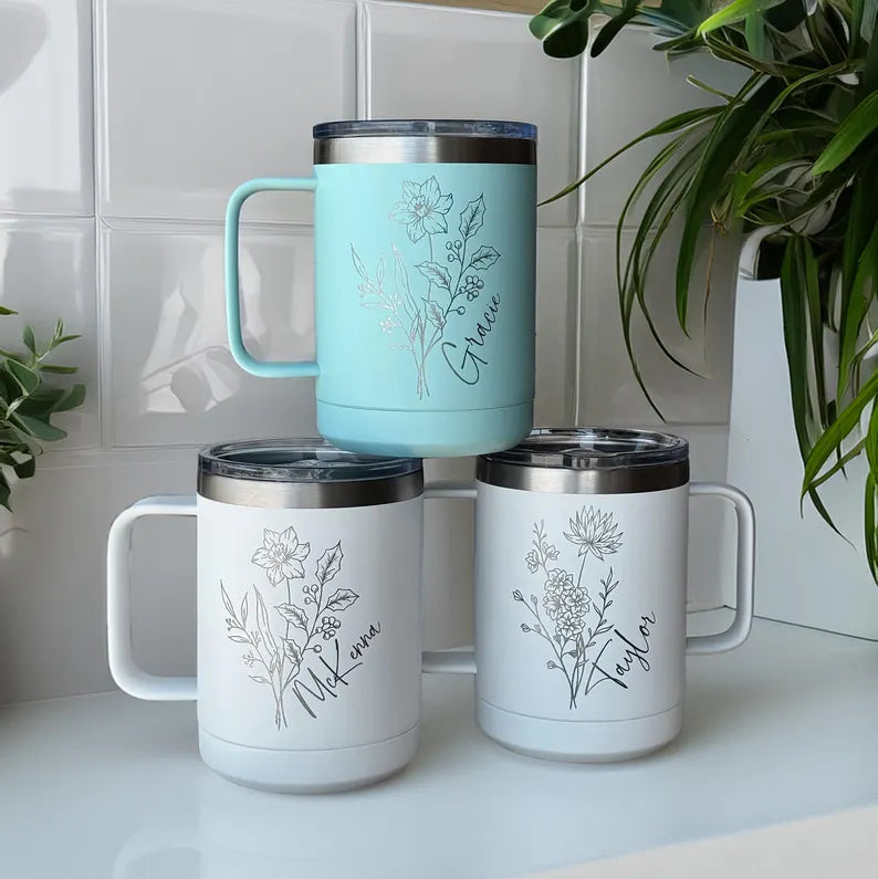 Personalized Birth Flower Insulated Coffee Tumbler with Handle for Sister, Best Friend, Bridesmaid, Personalized Coffee Mug, Travel Mug