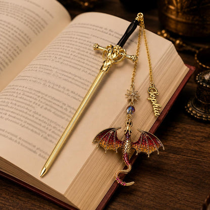 Personalized Name Fantasy Dragon Sword Bookmark | Fourth Wing Gothic Bookmark | Bookish Metal Charm | Birthday Graduation Gift for Readers