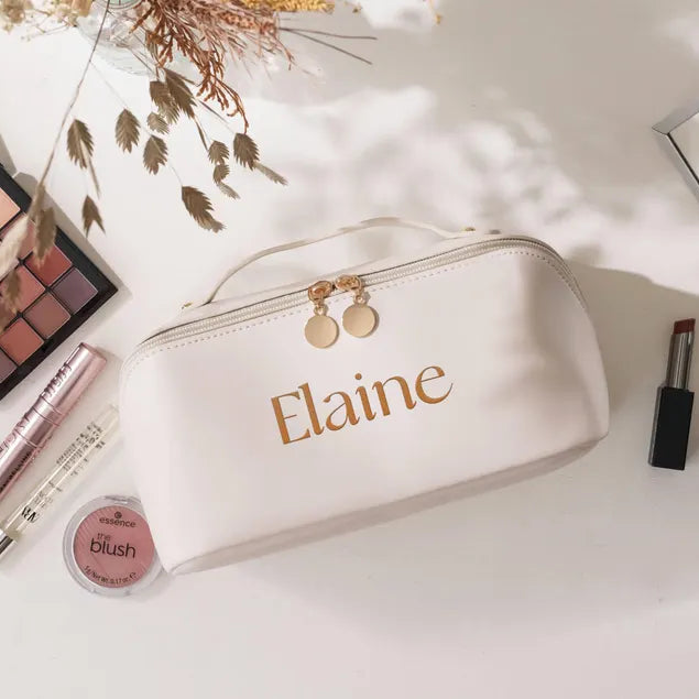 Monogram Embroidered Toiletry Bag, Mothers Day Gift, Large Vegan Leather Makeup Organizer, Personalized Bridesmaid Proposal Gift [T]