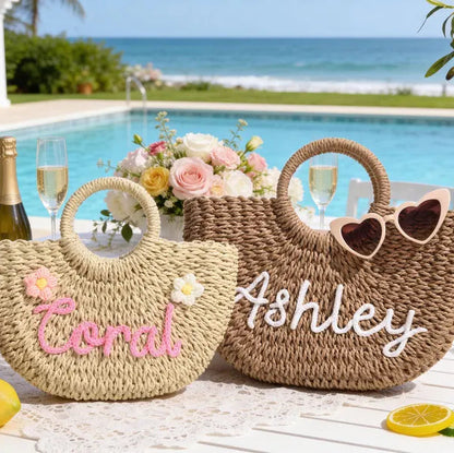 Personalized Straw Bridesmaid Handbag,Custom Beach Bag,Straw Bags,Bachelorette Party Gift Bags,Wedding Party Gifts,Mother Gifts Basket