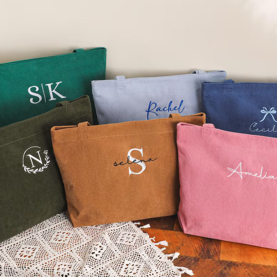Personalized Embroidered Corduroy Tote,Bridesmaid Gift Bag,Custom Name Tote Bag with Zipper,Monogram Bag, Wedding Party Gifts,Shoulder Bag