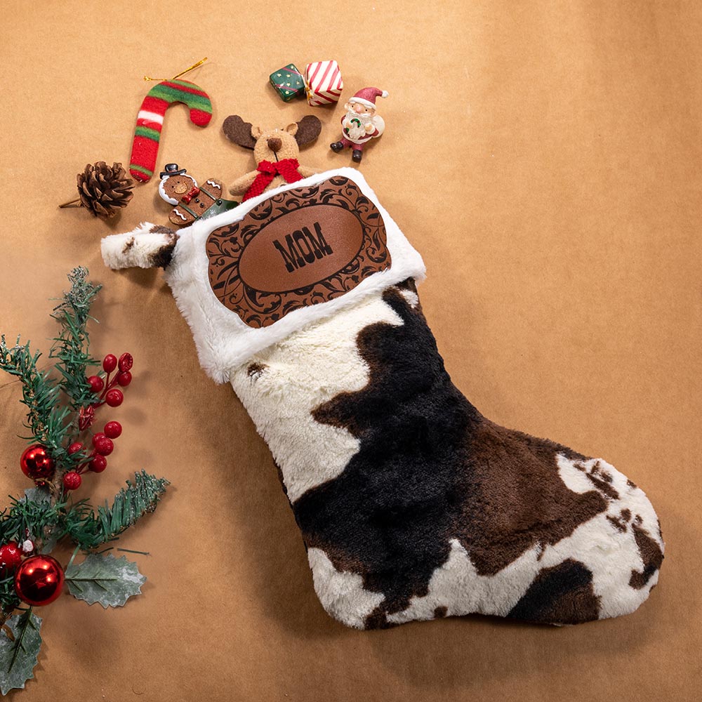 Personalized Western Cowboy Cow Print Fleece Christmas Stocking with Name Leather Patch Fireplace Tree Hanging Festival Decor Gift for Family Kids - CALLIE