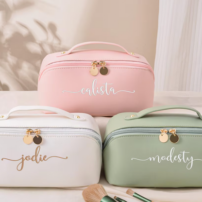 Leather Embroidered Makeup Bag,Personalized Bridesmaid Gifts,Wedding Makeup Bag,Bridal Shower Gift,Cosmetic Bag with Name,Gift for Women