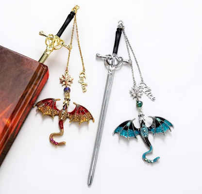 Personalized Name Fantasy Dragon Sword Bookmark | Fourth Wing Gothic Bookmark | Bookish Metal Charm | Birthday Graduation Gift for Readers
