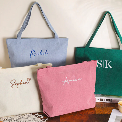 Personalized Embroidered Corduroy Tote,Bridesmaid Gift Bag,Custom Name Tote Bag with Zipper,Monogram Bag, Wedding Party Gifts,Shoulder Bag