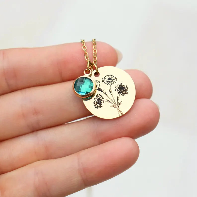 Family Birth Flower Bouquet Necklace with Birthstone Personalized Month Necklace Custom Mother Jewelry Combined