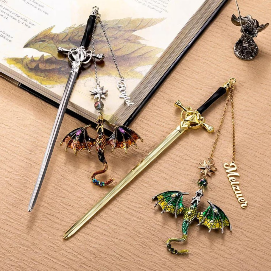 Personalized Name Fantasy Dragon Sword Bookmark | Fourth Wing Gothic Bookmark | Bookish Metal Charm | Birthday Graduation Gift for Readers