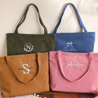 Personalized Embroidered Corduroy Tote,Bridesmaid Gift Bag,Custom Name Tote Bag with Zipper,Monogram Bag, Wedding Party Gifts,Shoulder Bag