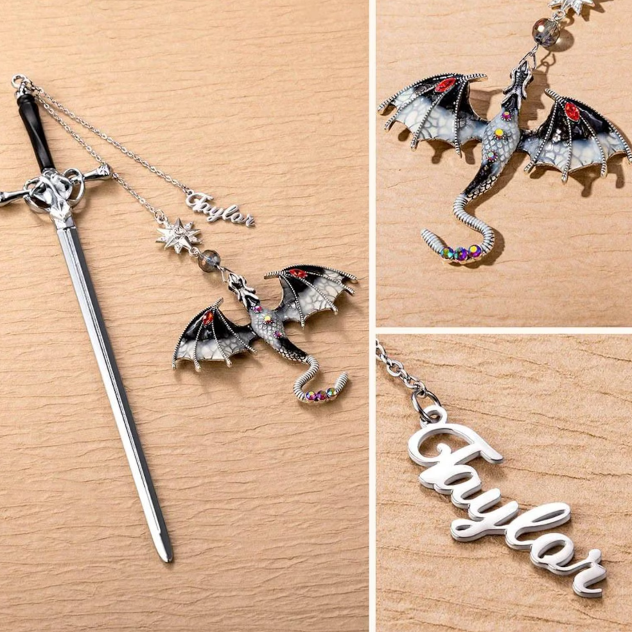 Personalized Name Fantasy Dragon Sword Bookmark | Fourth Wing Gothic Bookmark | Bookish Metal Charm | Birthday Graduation Gift for Readers