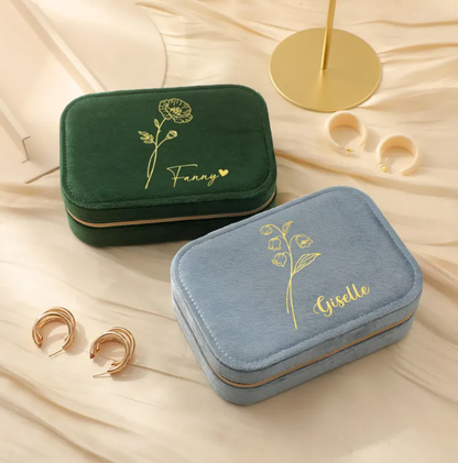 Personalized Birth Flower Velvet Jewelry Box, Custom Christmas Gift