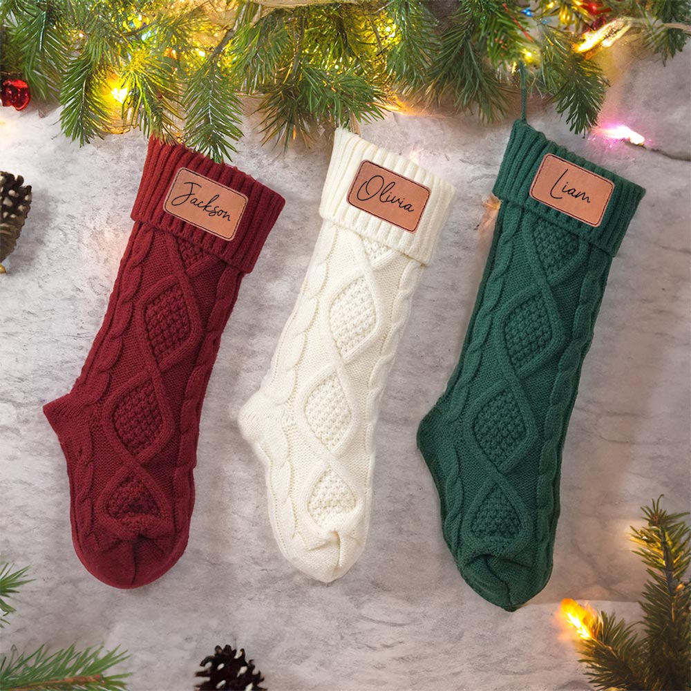 Personalized Rustic Leather Patch Knitted Christmas Stocking with Name Fireplace Holiday Party Decor Festival Gift for Family Kids - CALLIE