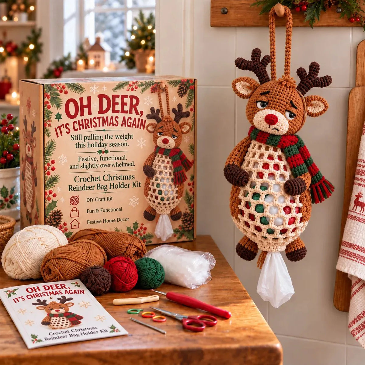⏳ Last Day 49% OFF – 🧶 Beginner-Friendly Christmas Crochet Bag Holder DIY Kit | 4 Festive Designs with Yarn, Tools & Guide Included 🎄