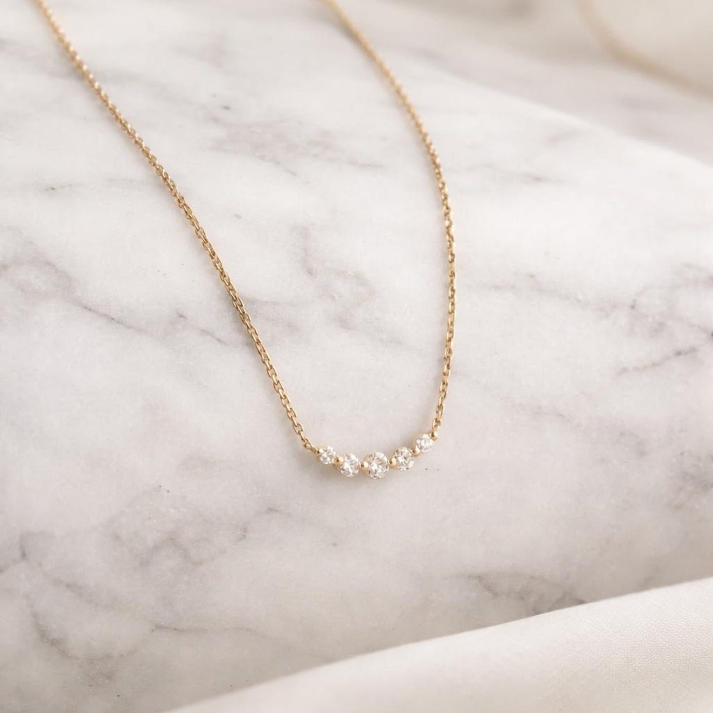 10k Solid Gold Curved Bar Necklace - Graduated Diamonds Layering Dainty Five Diamonds - Delicate Gift
