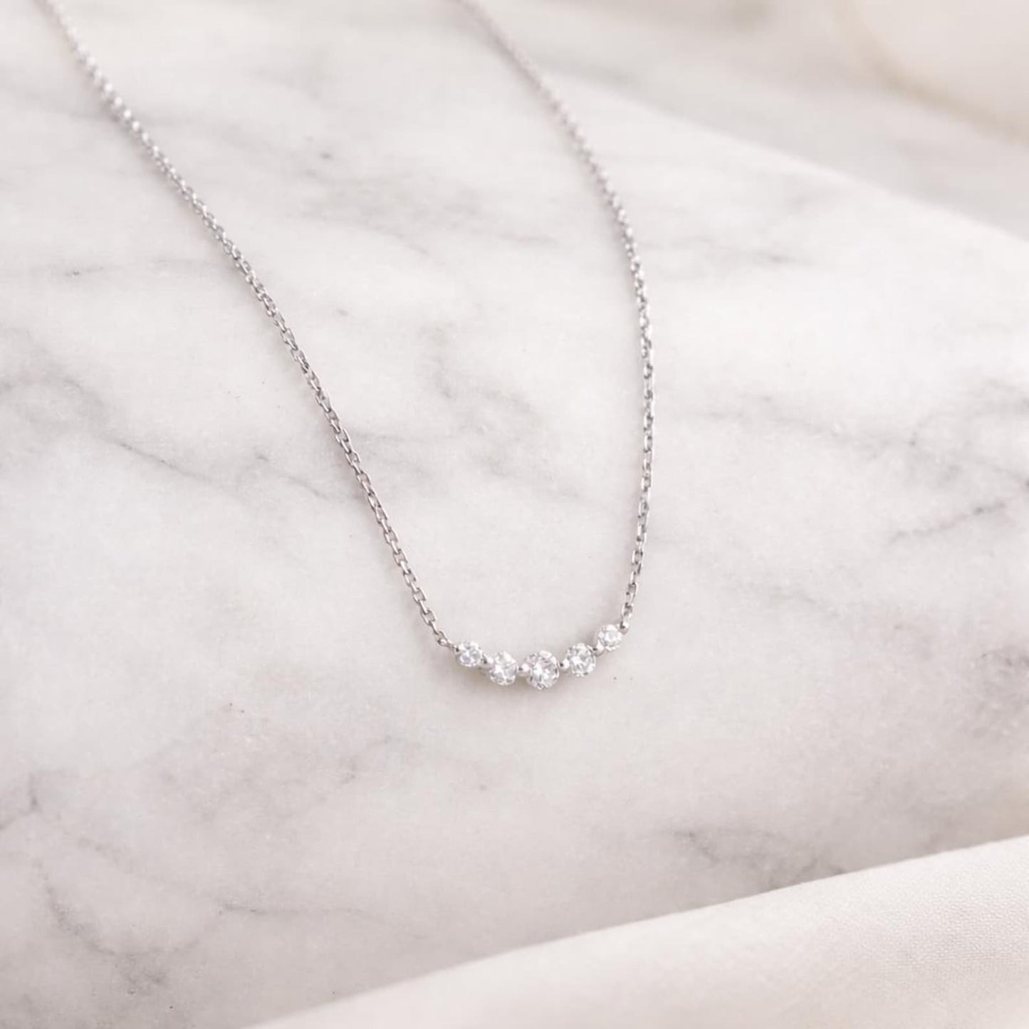 10k Solid Gold Curved Bar Necklace - Graduated Diamonds Layering Dainty Five Diamonds - Delicate Gift
