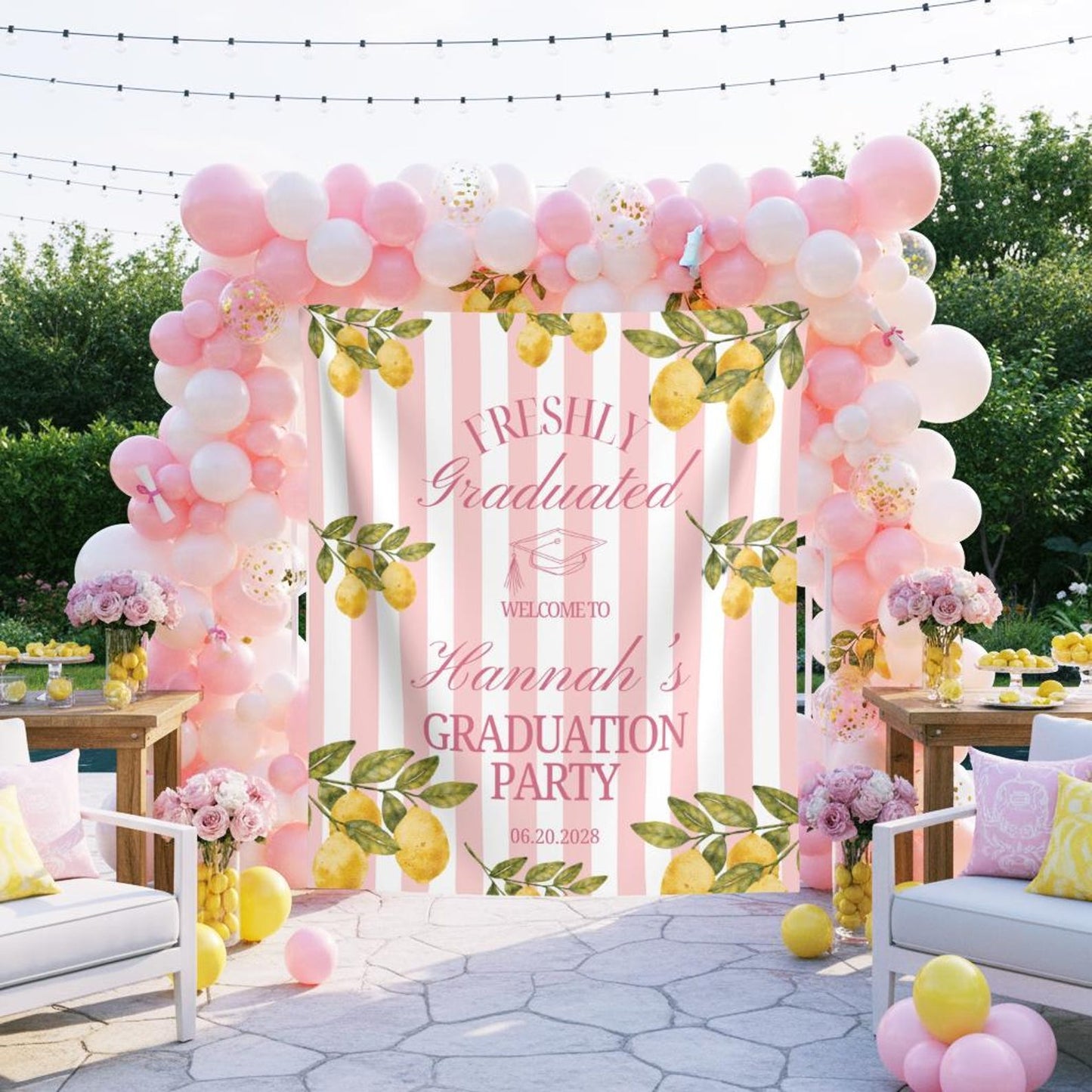 Lemon Themed Graduation Party Photo Backdrop Freshly Graduated Welcome Sign Custom Citrus Grad Party Banner Pastel Pink Lemon Tapestry Decor