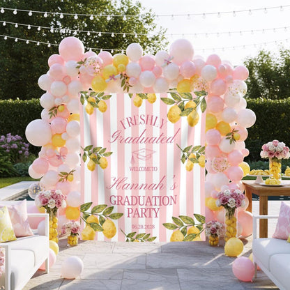 Lemon Themed Graduation Party Photo Backdrop Freshly Graduated Welcome Sign Custom Citrus Grad Party Banner Pastel Pink Lemon Tapestry Decor