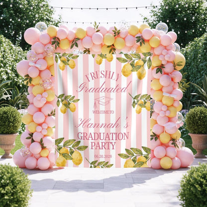 Lemon Themed Graduation Party Photo Backdrop Freshly Graduated Welcome Sign Custom Citrus Grad Party Banner Pastel Pink Lemon Tapestry Decor