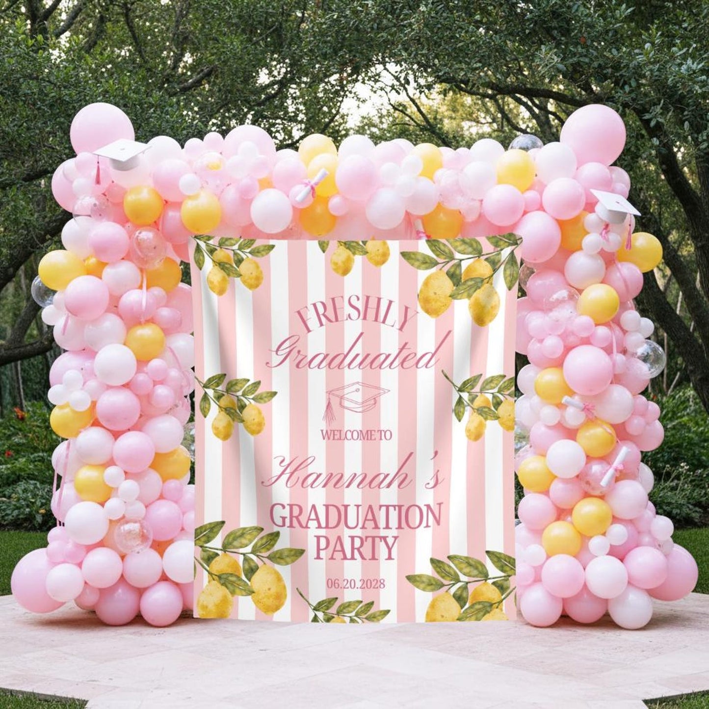 Lemon Themed Graduation Party Photo Backdrop Freshly Graduated Welcome Sign Custom Citrus Grad Party Banner Pastel Pink Lemon Tapestry Decor