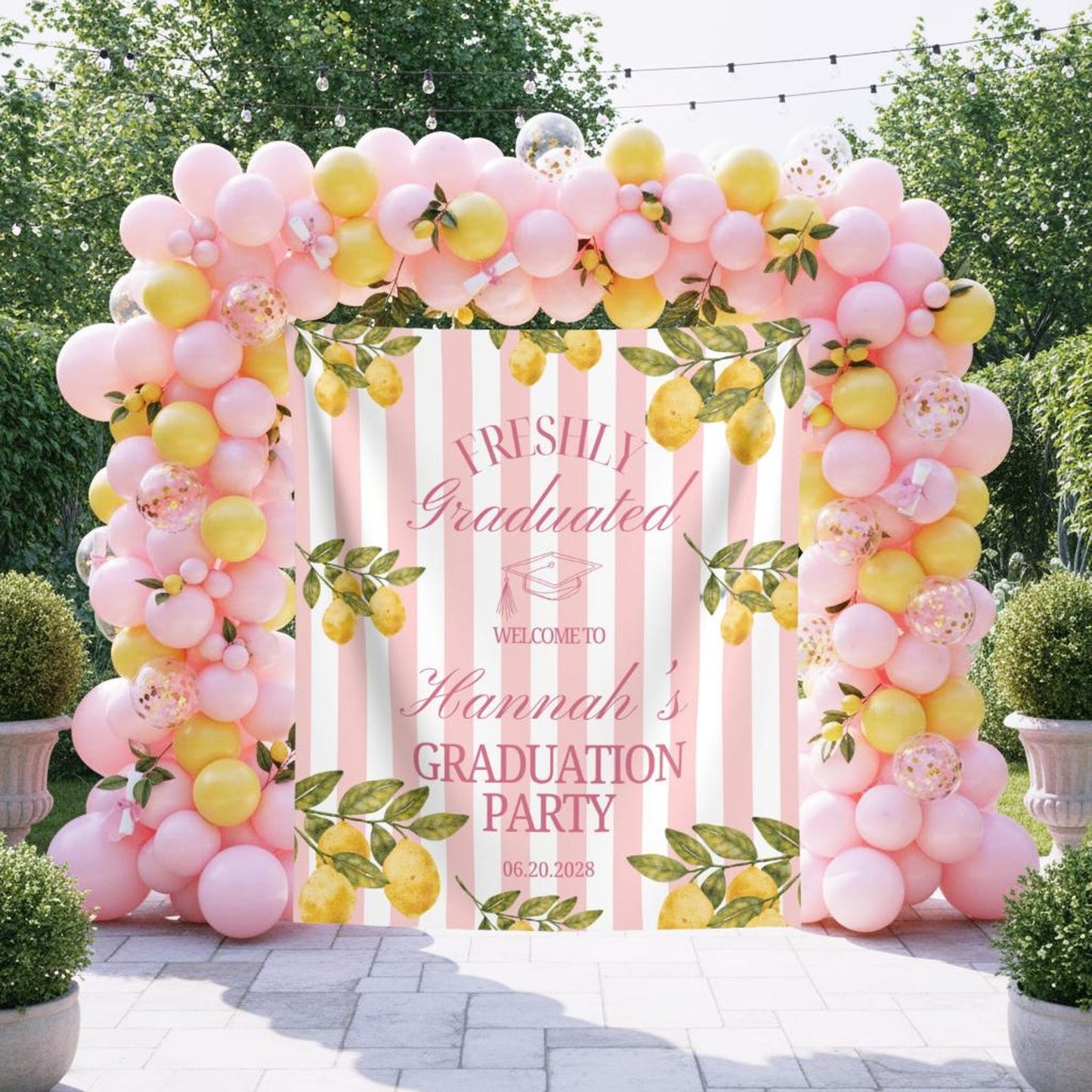 Lemon Themed Graduation Party Photo Backdrop Freshly Graduated Welcome Sign Custom Citrus Grad Party Banner Pastel Pink Lemon Tapestry Decor