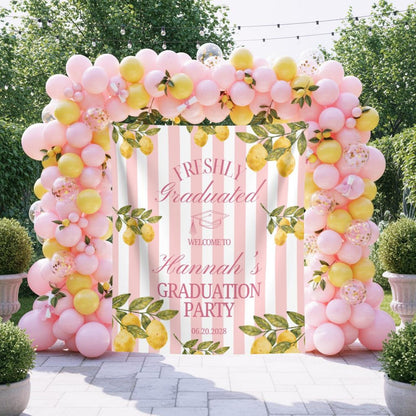 Lemon Themed Graduation Party Photo Backdrop Freshly Graduated Welcome Sign Custom Citrus Grad Party Banner Pastel Pink Lemon Tapestry Decor