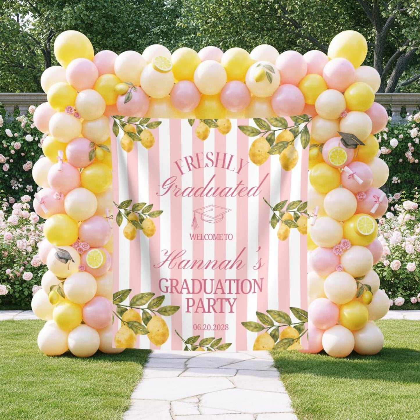 Lemon Themed Graduation Party Photo Backdrop Freshly Graduated Welcome Sign Custom Citrus Grad Party Banner Pastel Pink Lemon Tapestry Decor