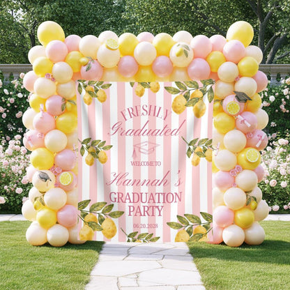 Lemon Themed Graduation Party Photo Backdrop Freshly Graduated Welcome Sign Custom Citrus Grad Party Banner Pastel Pink Lemon Tapestry Decor