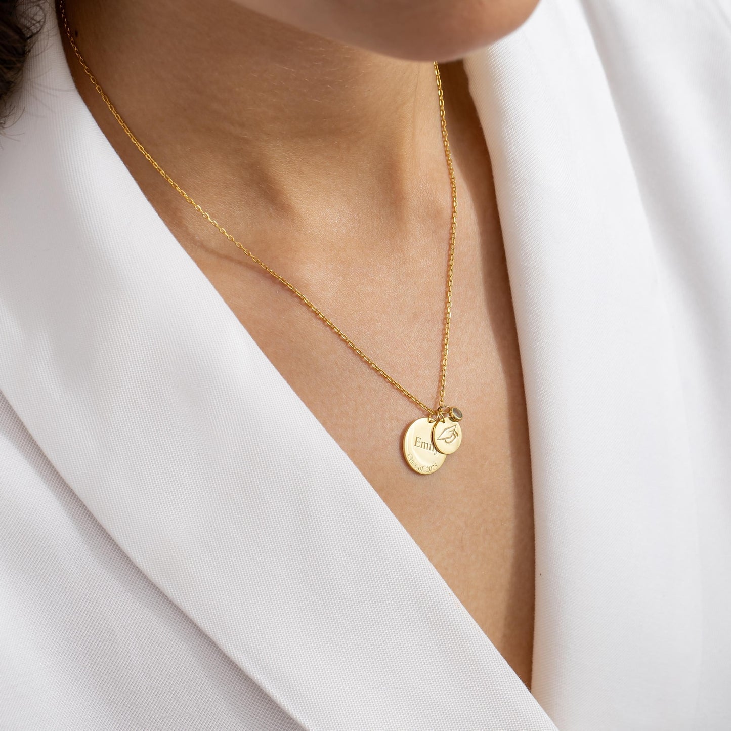 Graduation Necklace with 2 Discs & Birthstone – Personalized Name and Date Gift for Graduate