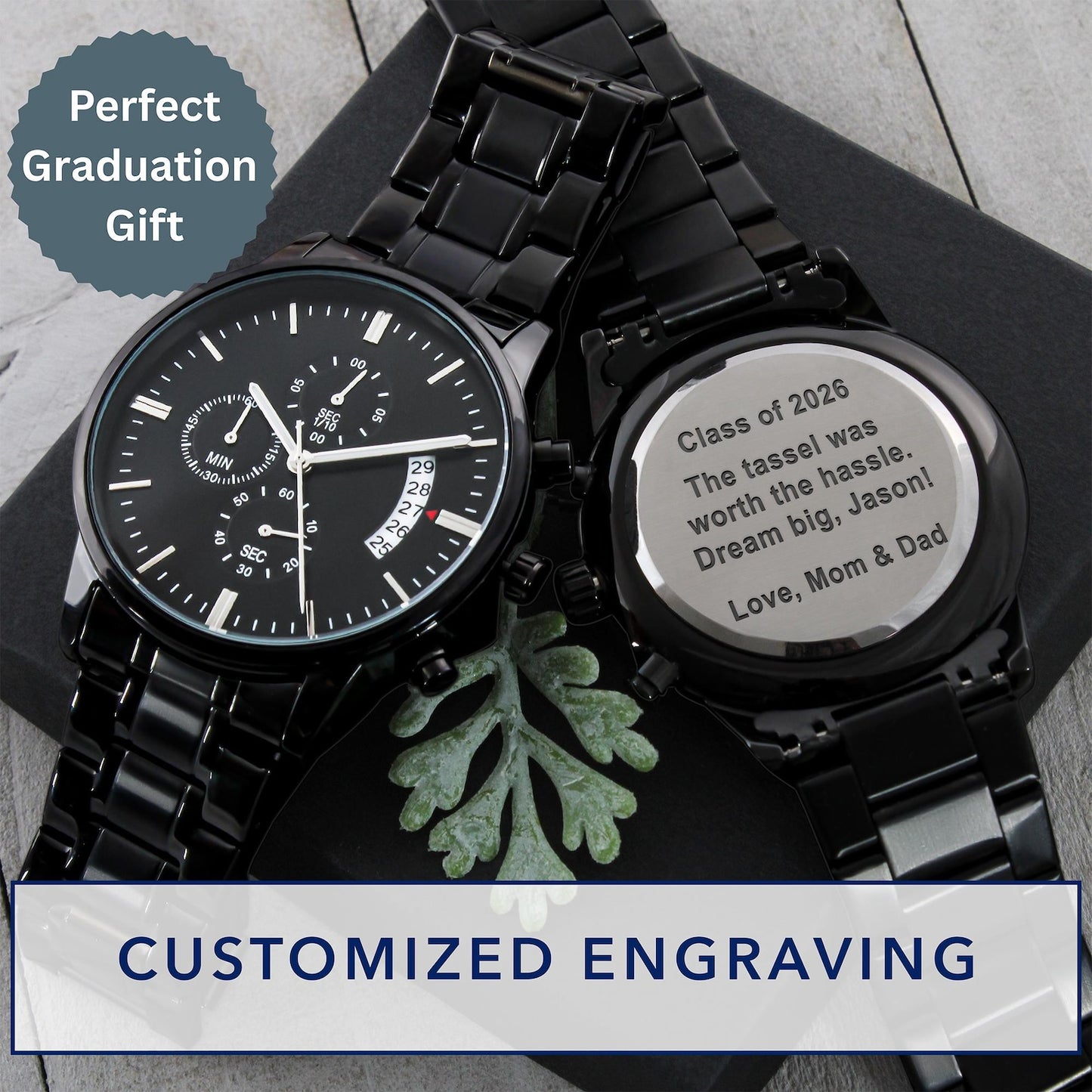 Personalized Graduation Gift for Son Engraved Watch for Him Milestone Custom Gifts Graduate College High School Master Degree Present