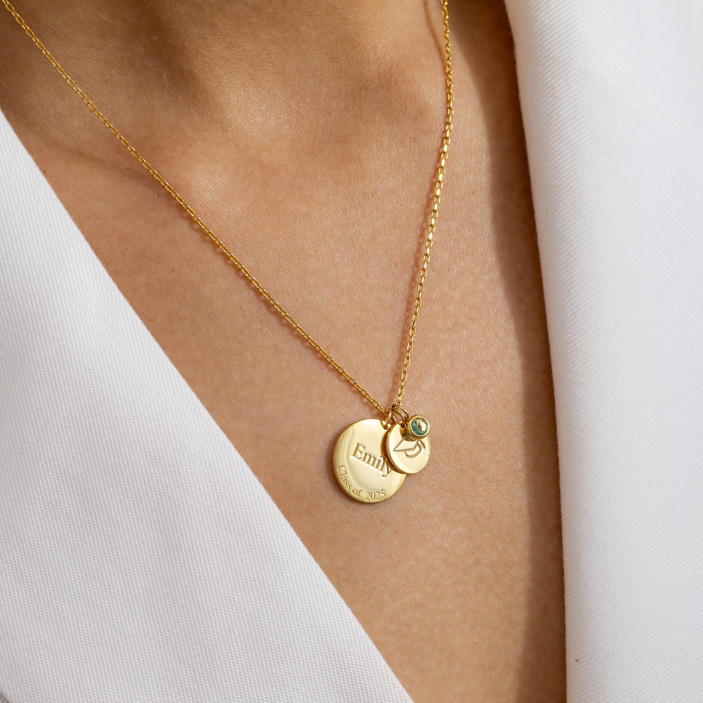 Graduation Necklace with 2 Discs & Birthstone – Personalized Name and Date Gift for Graduate