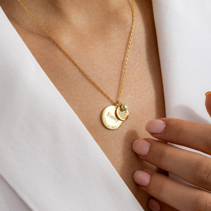 Graduation Necklace with 2 Discs & Birthstone – Personalized Name and Date Gift for Graduate