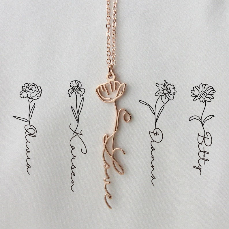 Custom Name Necklace with Birth Flower, Personalized Flower Jewelry Gift for Her, Handmade Birthday gift, Bridesmaid Gift for Mother's Day
