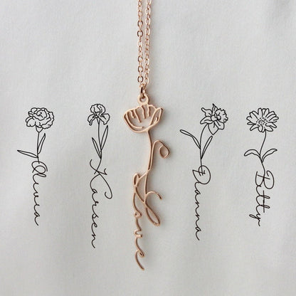 Custom Name Necklace with Birth Flower, Personalized Flower Jewelry Gift for Her, Handmade Birthday gift, Bridesmaid Gift for Mother's Day