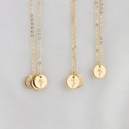 Personalized Birth Flower Disc Necklace, Month Initial Charm Necklace, Chain Necklace Jewellery, Christmas Bridesmaid Gift for Wedding/Mom
