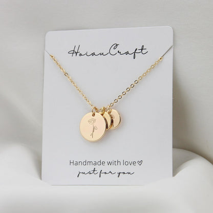 Personalized Birth Flower Disc Necklace, Month Initial Charm Necklace, Chain Necklace Jewellery, Christmas Bridesmaid Gift for Wedding/Mom