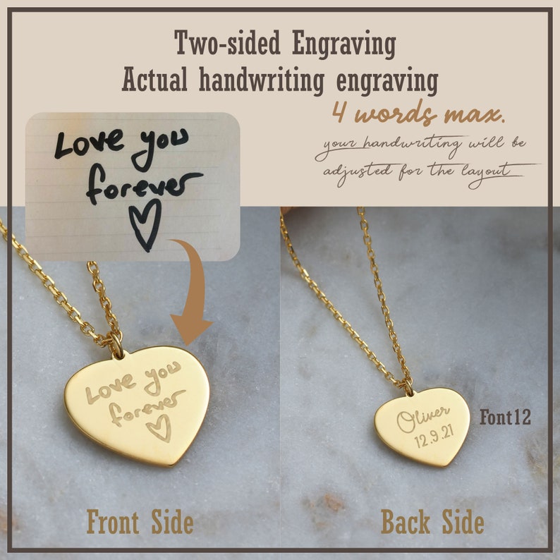 14K Solid Gold Handwriting Heart Necklace ? Gift for Wife ? Handwriting Engrave Charm ? 1st 2nd 3rd 4th 5th 10th Unique Anniversary Gift