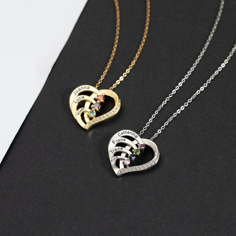 Customized Engraved Name Necklace with Birthstone, Family Jewelry Gift, Heart Name Necklace, Best Birthday Gift, Mother's Day Necklace Gift