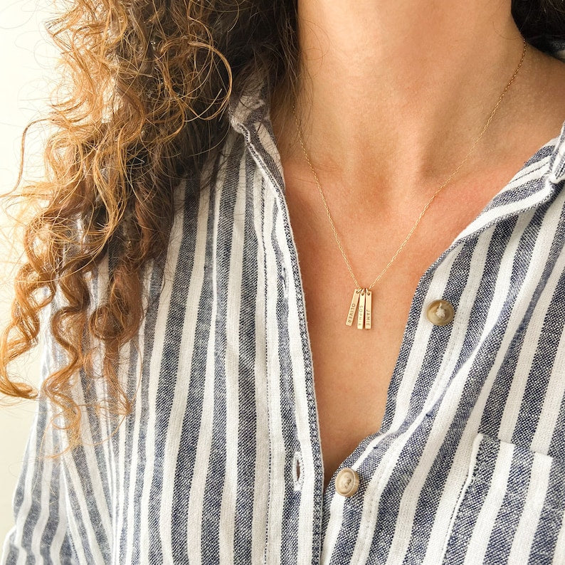 Engraved Vertical Bar Necklace With Multiple Names, Dainty Bar Necklace for Mother's Day Gift in gold or sterling silver, LEILAJewelry