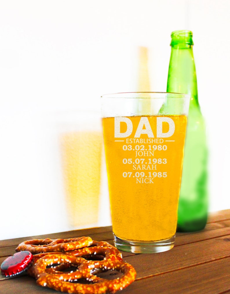 Custom Dad Established 16oz Beer Glass For Dad, Special Gifts For Father's Day, Fathers Day Custom Glass, Add Your Kids Name And Birthdate