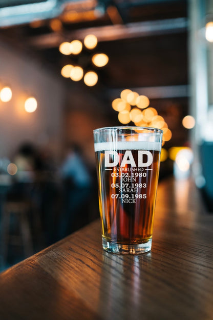 Custom Dad Established 16oz Beer Glass For Dad, Special Gifts For Father's Day, Fathers Day Custom Glass, Add Your Kids Name And Birthdate