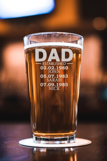 Custom Dad Established 16oz Beer Glass For Dad, Special Gifts For Father's Day, Fathers Day Custom Glass, Add Your Kids Name And Birthdate