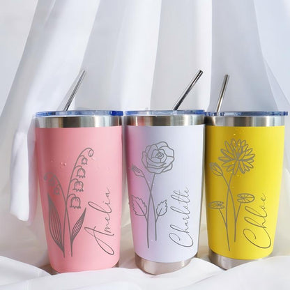 Personalized Birth Flower 20oz Tumbler, Laser Engraved Tumbler, Stainless Steel Mug, Insulated Tumbler, Birth Flower Tumbler