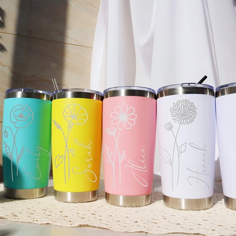 Personalized Birth Flower 20oz Tumbler, Laser Engraved Tumbler, Stainless Steel Mug, Insulated Tumbler, Birth Flower Tumbler