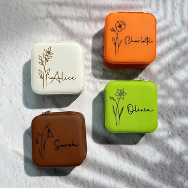 Engraved Birth Flower jewellery Box, Personalized Name Travel Jewelry Box, Bridal Party Gifts, Bridesmaid Gifts, Christmas Jewelry box case