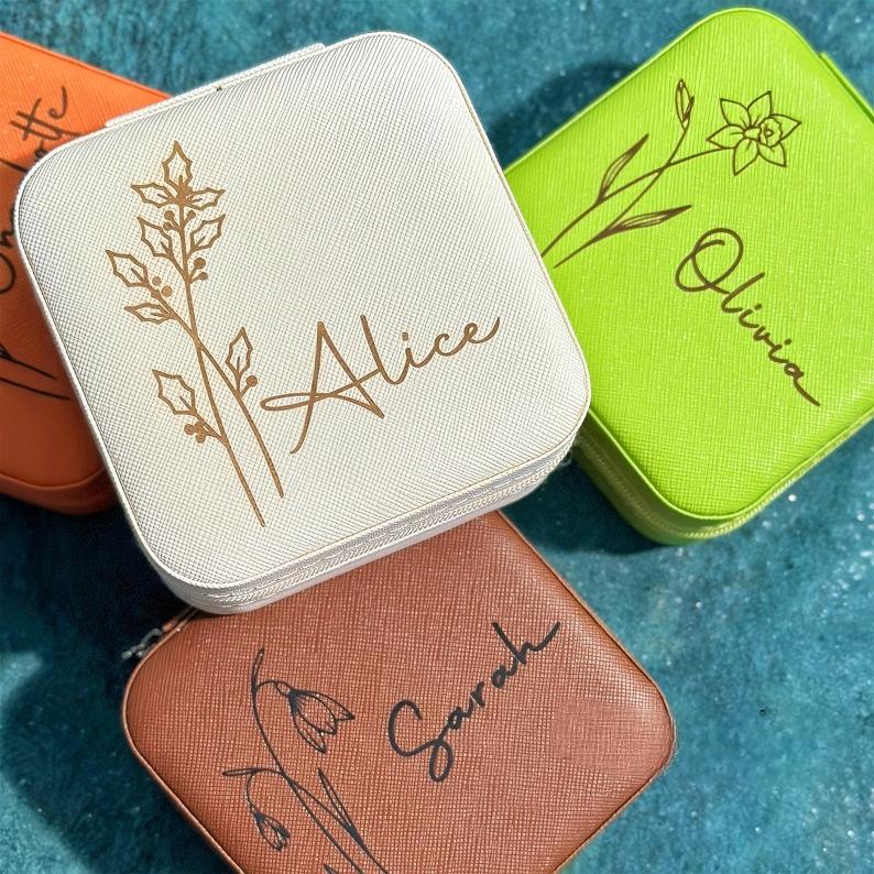Engraved Birth Flower jewellery Box, Personalized Name Travel Jewelry Box, Bridal Party Gifts, Bridesmaid Gifts, Christmas Jewelry box case