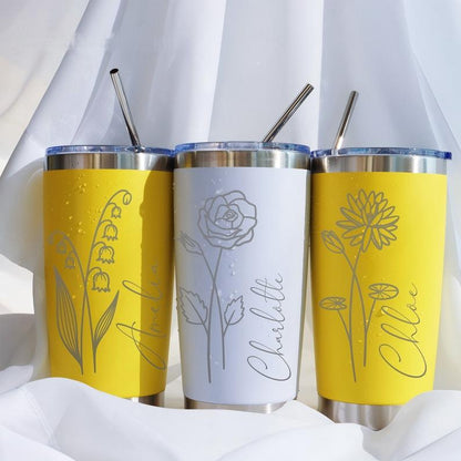 Personalized Birth Flower 20oz Tumbler, Laser Engraved Tumbler, Stainless Steel Mug, Insulated Tumbler, Birth Flower Tumbler