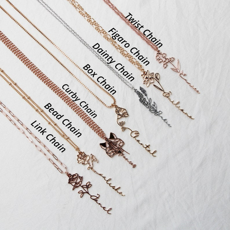 Custom Name Necklace with Birth Flower, Personalized Flower Jewelry Gift for Her, Handmade Birthday gift, Bridesmaid Gift for Mother's Day