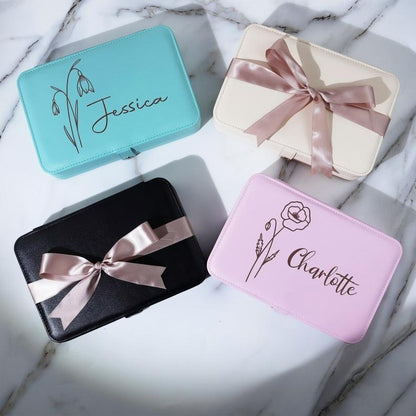 Personalized Jewelry Box,Leather Jewelry Travel Case,Bridal Party Gift,Birth Flower Jewelry Case,Bridesmaid Proposal,Gifts for Her Birthday